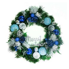 摩達客 耶誕豪華高級綠色聖誕花圈, 14吋, 藍銀色系, 1組
