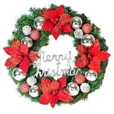 摩達客耶誕浪漫朵朵聖誕花 豪華綠色聖誕花圈 (紅銀系), 50cm, 1組