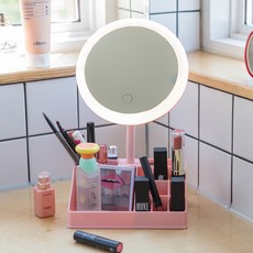 IRENE 충전식 수납 LED 화장거울, 핑크