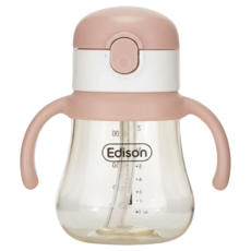 Edison PPSU吸管透明學習杯組 粉色 + 重力球吸管1入, 240ml, 1組