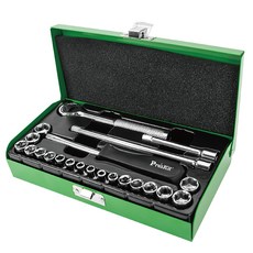 Pro'sKit 寶工 棘輪扳手套筒起子 23個, 螺絲起子手柄150mm + 延長接桿150mm + 延長接桿75mm + 棘輪扳手130mm + 公英制套筒 18個 + 鐵盒(201 x 115 x 40mm), 1組