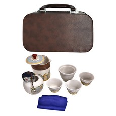 旅行茶具 咖啡皮箱 一壺三杯 附茶罐, 白色金盞花款, 1組, 茶壺 + 茶杯3個 + 茶葉罐 + 收納包