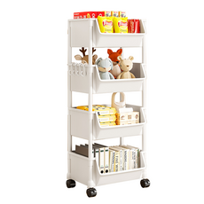 開口移動置物架, 四層, 附帶掛勾及方向輪, 白色, 34 x 24 x 99cm