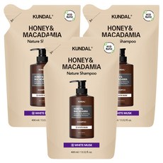 쿤달 허니 앤 마카다미아 헤어 샴푸 화이트머스크향 리필팩, 400ml, 3개