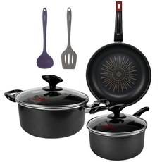 QUEEN SENSE Dio Opera 電磁爐鍋具平底鍋套組, 黑色, 18公分單柄鍋 + 24公分雙耳鍋 + 28公分平底鍋 + 矽膠湯勺 + 鍋鏟