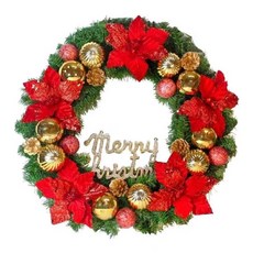 摩達客 耶誕浪漫朵朵聖誕花豪華綠色聖誕花圈福臨圈 吊掛裝飾, 紅金系, 24吋, 1組