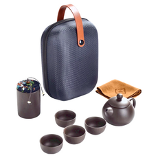 紫砂泡茶茶壺套裝 含茶壺、茶杯、茶葉罐、茶巾, 藍色旅行包, 1組
