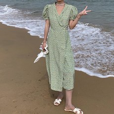 페이퍼먼츠 그린폴 퍼퓸소매 랩스타일 롱 미디 원피스 00490 빅사이즈 포함