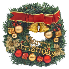 聖誕花圈 Set 紅色蝴蝶結 金色鈴鐺, 禮盒款, 1個, 直徑約30cm