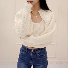 비비에모 여성용 골지 니트 민소매 체인 가디건 세트 06043