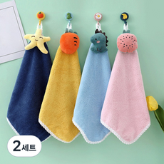 BBOO 부드러운 캐릭터 고리형 주방 욕실 핸드타올 4종 세트, 혼합색상, 2세트