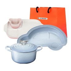 LE CREUSET Baby 鑄鐵鍋 A套組 4件 + L號購物袋, 牛奶粉(烤盅, 盤子), 海岸藍(午餐盤, 圓形鍋), 1套, 烤盅 + 盤子 + 午餐盤 + 圓形鍋 + 購物袋