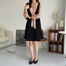 MEICHEL 女款圓點蝴蝶結襯衫式A字連身裙 00130 含大尺碼, 黑色