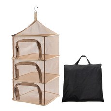 CLS 方形餐廚晾曬網籃 附掛鉤 + 收納袋, 卡其色, 4層, 1個