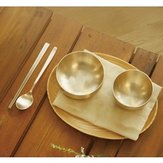 Nothyang 方字鍮器 單人現代生活飯床器套組, 淡雅金色, 飯碗 + 湯碗 + 湯匙 + 筷子