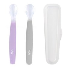 tgm 嬰兒矽膠湯匙組 湯匙150*18mm*2支+收納盒*1個 6個月以上, 紫色+灰, 1組