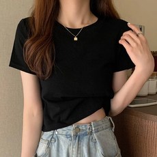 女款素面短版短袖上衣, 黑色, 牛奶棉85%+聚酯纖維15%, 肩寬36cm 胸寬32cm 長45cm 袖長18cm