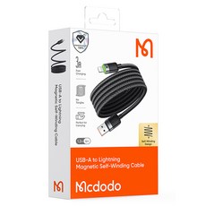 Mcdodo 麥多多 磁吸收納編織充電線 USB-A to Lightning 3A 1.2M 支援CarPlay LED燈, 黑色, 1條