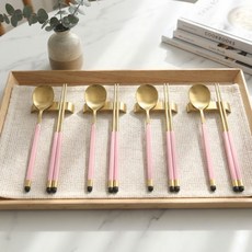 Bogen 韓國製方形雙色鍍金湯筷 + 筷架4人份餐具組, 1套, 湯匙 4p + 筷子 4p + 不鏽鋼銀色湯筷架 4p, 粉紅色