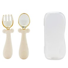 AttiRabbit 360度可彎曲自主進食副食品湯匙 + 收納盒套組, 1組, 布丁棕