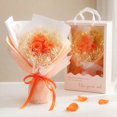 뷰티풀데코센스 시들지 않는 생화 프리저브드 장미 안개 꽃다발+전구+핸들캐리어, 피치(꽃다발)