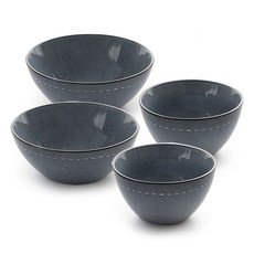 PRELUDE 虛線設計陶瓷餐碗組, 翡翠藍, 飯碗 2入+大碗 2入