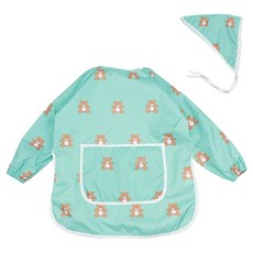 BEBE CHOUETTE 兒童圖案長袖美術畫畫衣 + 頭巾組, 薄荷巧克力熊
