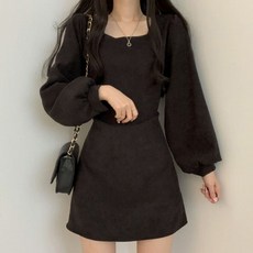 Elsso 麂皮簡約泡泡袖長袖方領迷你連身裙, 黑色