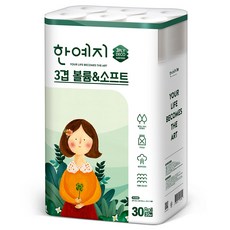 한예지 천연펄프 3겹 볼륨 앤 소프트 롤 화장지, 30개입, 1개