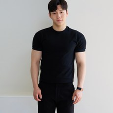 핵쿨남 남성용 어깨 넓어보이는 머슬핏 밴딩버전 무지 라운드 반팔 티셔츠