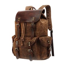 過蠟防潑水帆布配頭層瘋馬牛皮男士大容量雙肩包後背包登山包男包 CLB01, 咖啡色 + 黃棕色, 1個