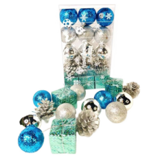 MODACore 摩達客 聖誕松果禮物盒球飾組 YS-HPB2005001 30個, 冰雪藍色 + 銀色, 1組