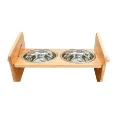 寵物夢工廠 木製可調雙碗 不鏽鋼碗 40 x 16 x 16cm, 原木色, 1組