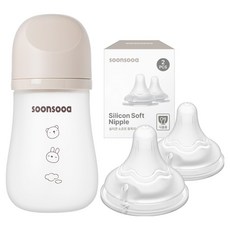 soonsooa 矽膠塗層玻璃奶瓶 + 奶嘴 3L x 2入組, 米色, 1套, 240ml