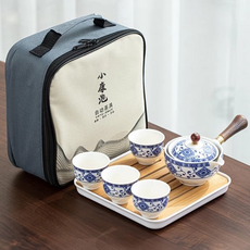 旅行茶具 自動茶具 套装 含茶壺、四小杯、茶盤、旅行袋, 青花瓷, 1組