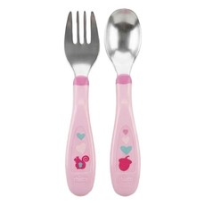 chicco 不鏽鋼幼兒叉匙組, 叉子 + 湯匙, 甜美女孩 多色, 1組