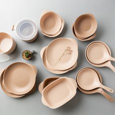 Ahtty home All the plate碗盤組, 1組, 摩卡棕+米色, 碗 4入+盤子 4入+義大利麵碗 2入+手柄盤 4入+麥片碗 2入+蓋子 2入