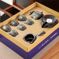 時來運轉 陶瓷茶具套裝, 泡茶器 + 小杯 6個 + 公道杯, 湛藍金盞花, 1盒