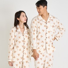 AONE FASHION 情侶款蜜桃絨小熊翻領長袖睡衣上下套裝