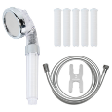 HOMEDAUM 三段式調節濾芯蓮蓬頭+濾芯 5入+防纏繞PVC淋浴軟管2m組, 混色, 1組