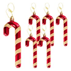 亮粉拐杖吊飾 6支, 金色 + 紅色, 1組