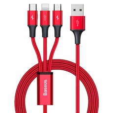 Baseus 倍思 極速系列一拖三數據線 3A快速充電 廣泛兼容, 1.2m, 紅色, 1條