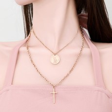 noid-b 女性醫療鋼錢幣十字架粗鏈雙層長項鍊