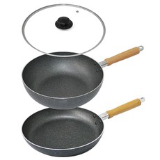 PIATTO IH感應木柄大理石不沾平底鍋具 3件組, 混色, 平底鍋28cm+油炸鍋28cm+鋼化玻璃蓋29cm