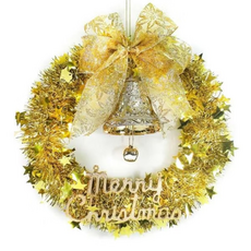 摩達客 純金系金蔥聖誕星星花圈 含鈴鐺, 14吋, 金色, 1組