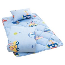 愛北鼻 幼兒園睡墊 絲柔棉止滑款-藍動物小車 柔軟舒適透氣 午睡必備, 枕頭(30 x 40cm) + 睡墊(70 x 120cm) + 涼被(120 x 150cm)