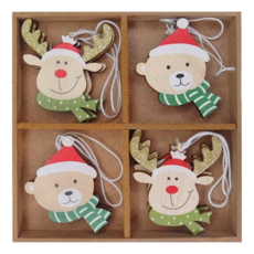 摩達客 質感聖誕帽木質彩繪單面吊飾, 小熊 + 麋鹿, 1組