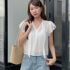 릴리즌 퍼프소매 타이 블라우스
