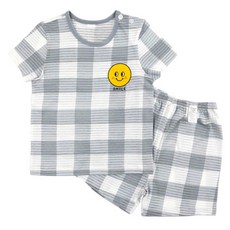 Maykids 孩童微笑格紋提花短袖T恤5分褲套裝 灰色