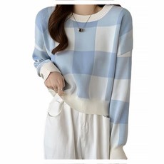 FT3019 針織大格紋長袖, 胸寬50cm 全長45cm 袖長52cm 肩寬56cm, 藍色